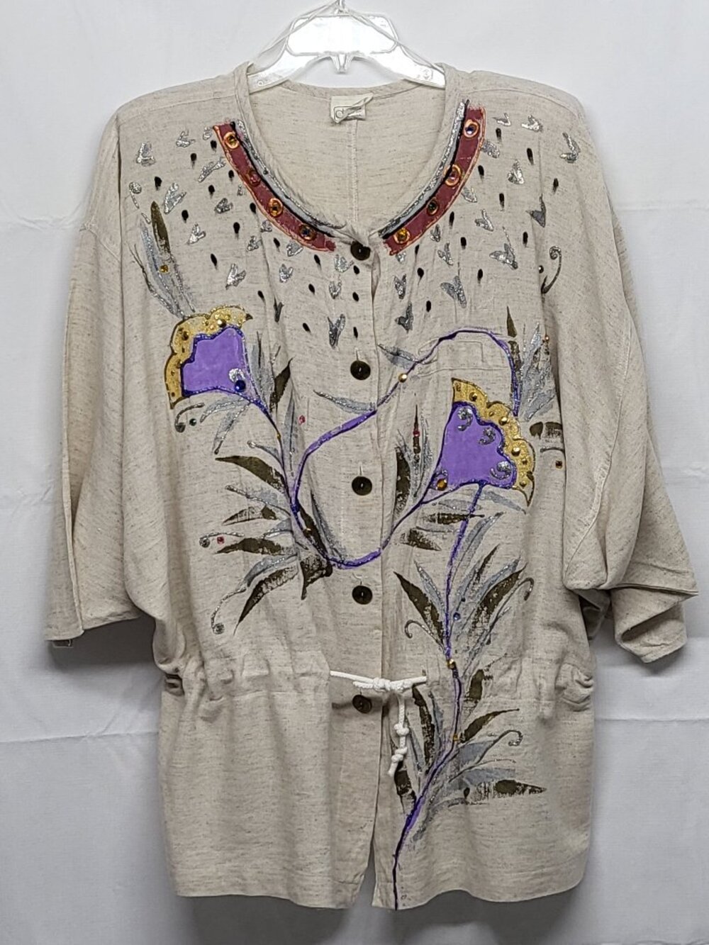 Vintage Charle Casuals Womens Top Linen One - Size Floral Butterflies Gemstones